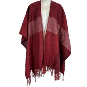 Woolrich Womens Red Fringe Poncho Cape Wide Stripe Open Jacket Cardigan O/S